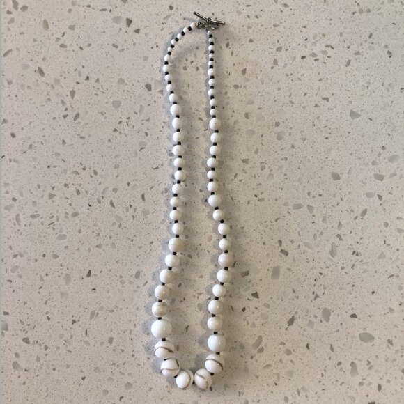 Vintage White Beaded Necklace with Gold Swirl Accents – Toggle Clasp - Picture 1 of 2
